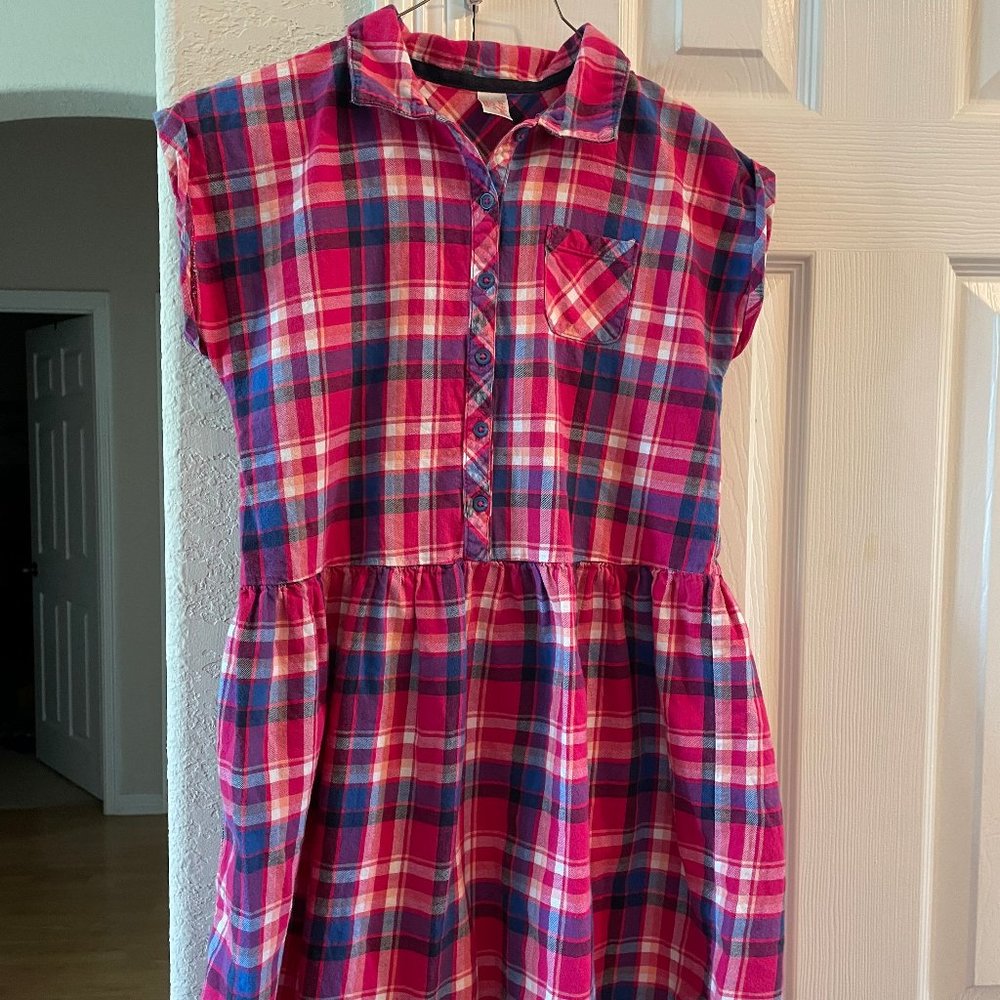 Cat & Jack Plaid Dress Cap Sleeve Front Buttons Pocket 10-12